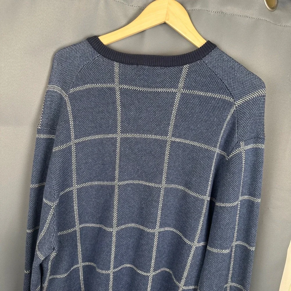 Brooks Brothers 346 Mens XL Blue Windowpane Cotton Cashmere V-Neck Sweater